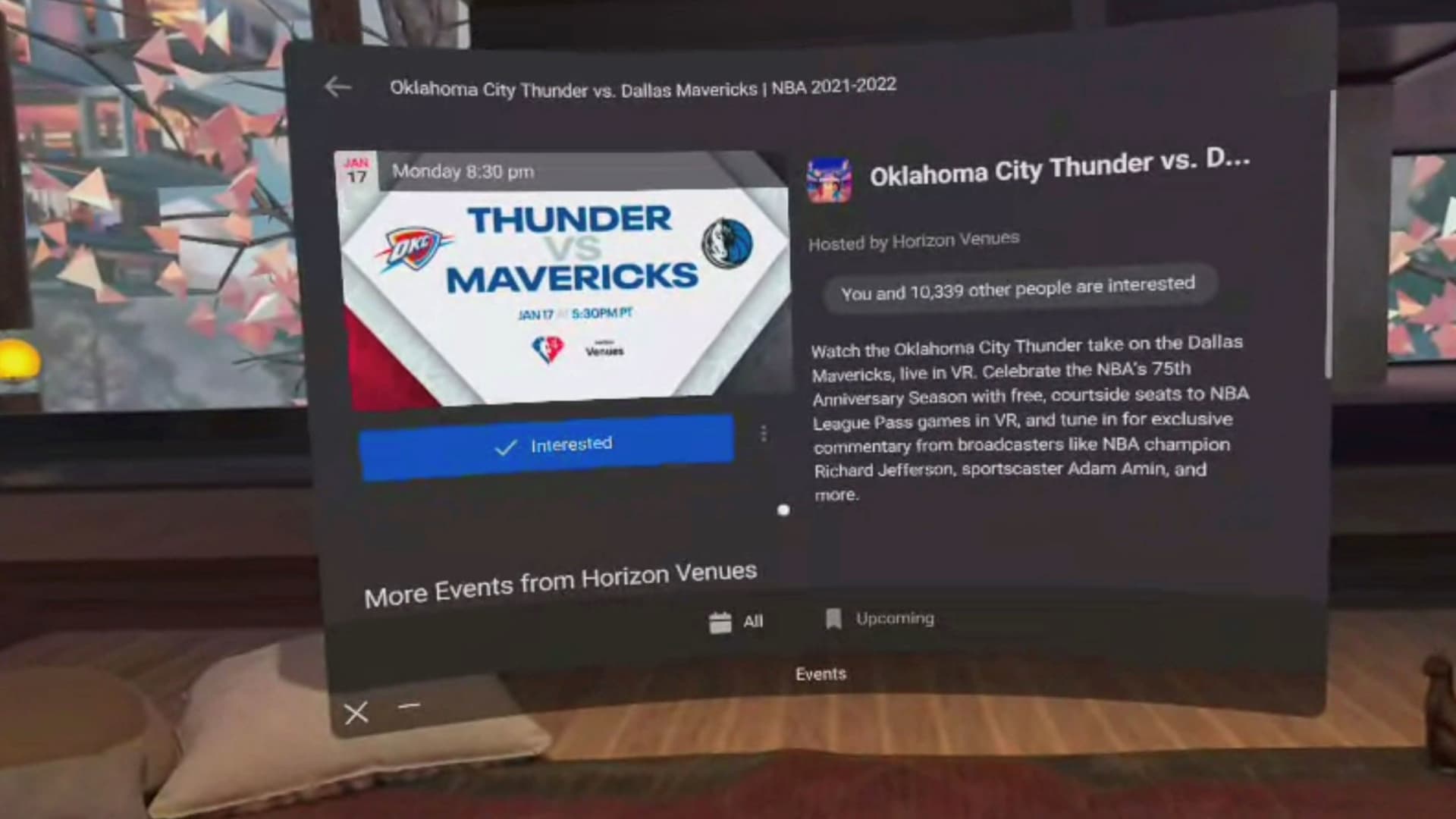 A screenshot of Jabari's home screen reminding of an NBA virtual reality event on the Oculus Quest 2 platform.