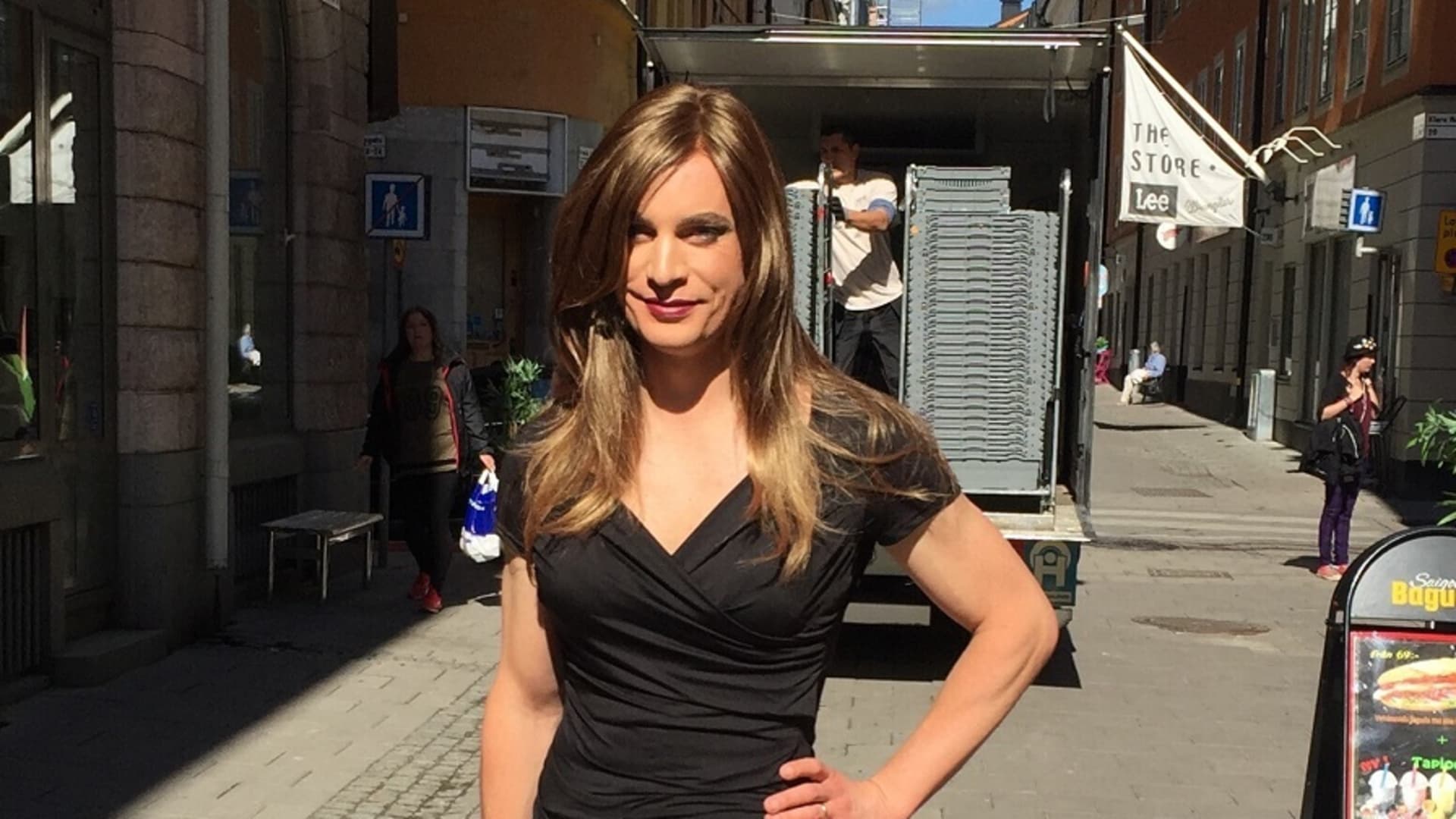 The first day Farberger dressed as a woman on the streets of Stockholm, on June 5, 2017.