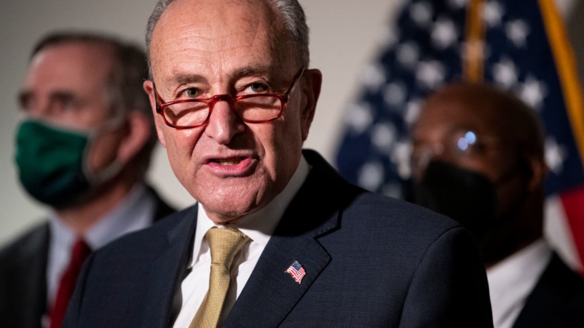 Senate Majority Leader Chuck Schumer, D-N.Y., holds his new conference following the Senate Democrats caucus meeting on voting rights and the filibuster on Tuesday, January 18, 2022.