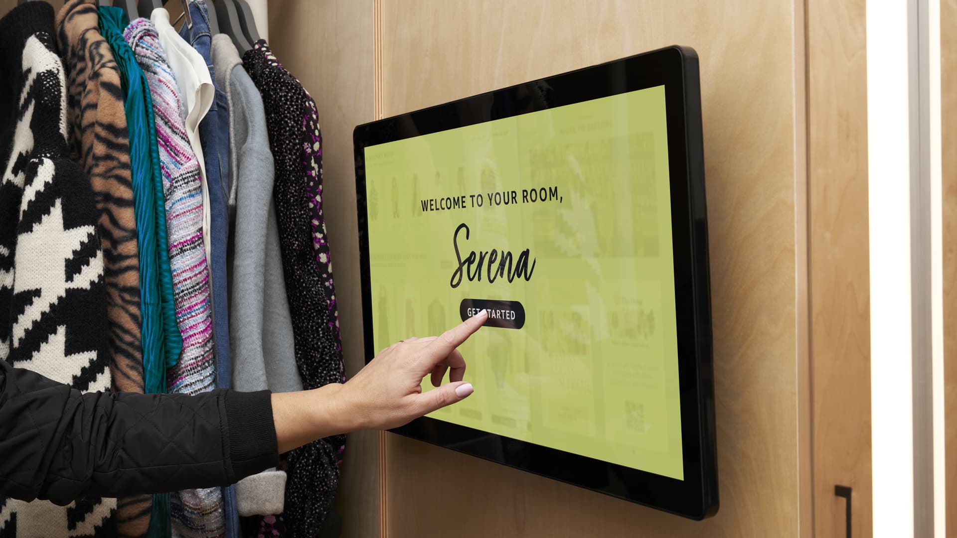 In the fitting rooms, Amazon has added touchscreen displays, which shoppers can use to rate items or request different styles or sizes to be delivered to their fitting room.
