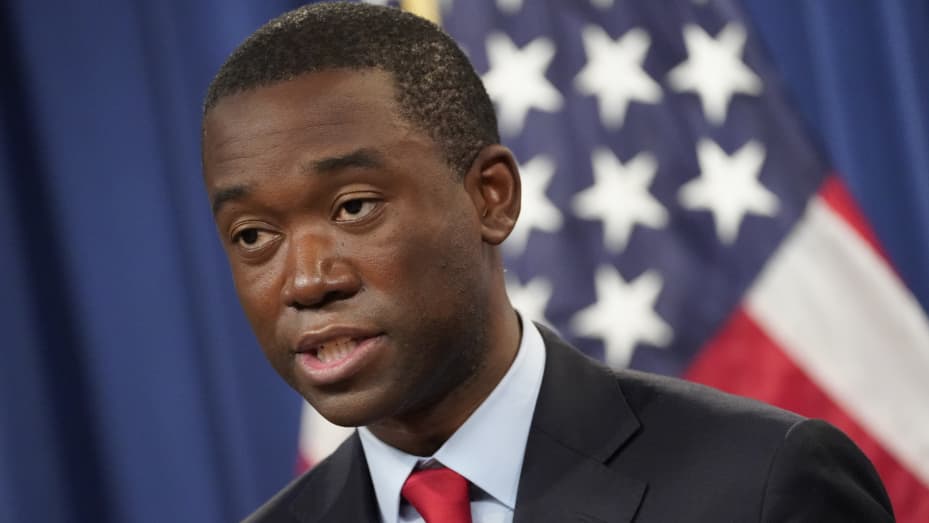 Wally Adeyemo, deputy U.S. Treasury secretary, speaks during a news conference at the Department of Justice in Washington, D.C., U.S., on Monday, Nov. 8, 2021.