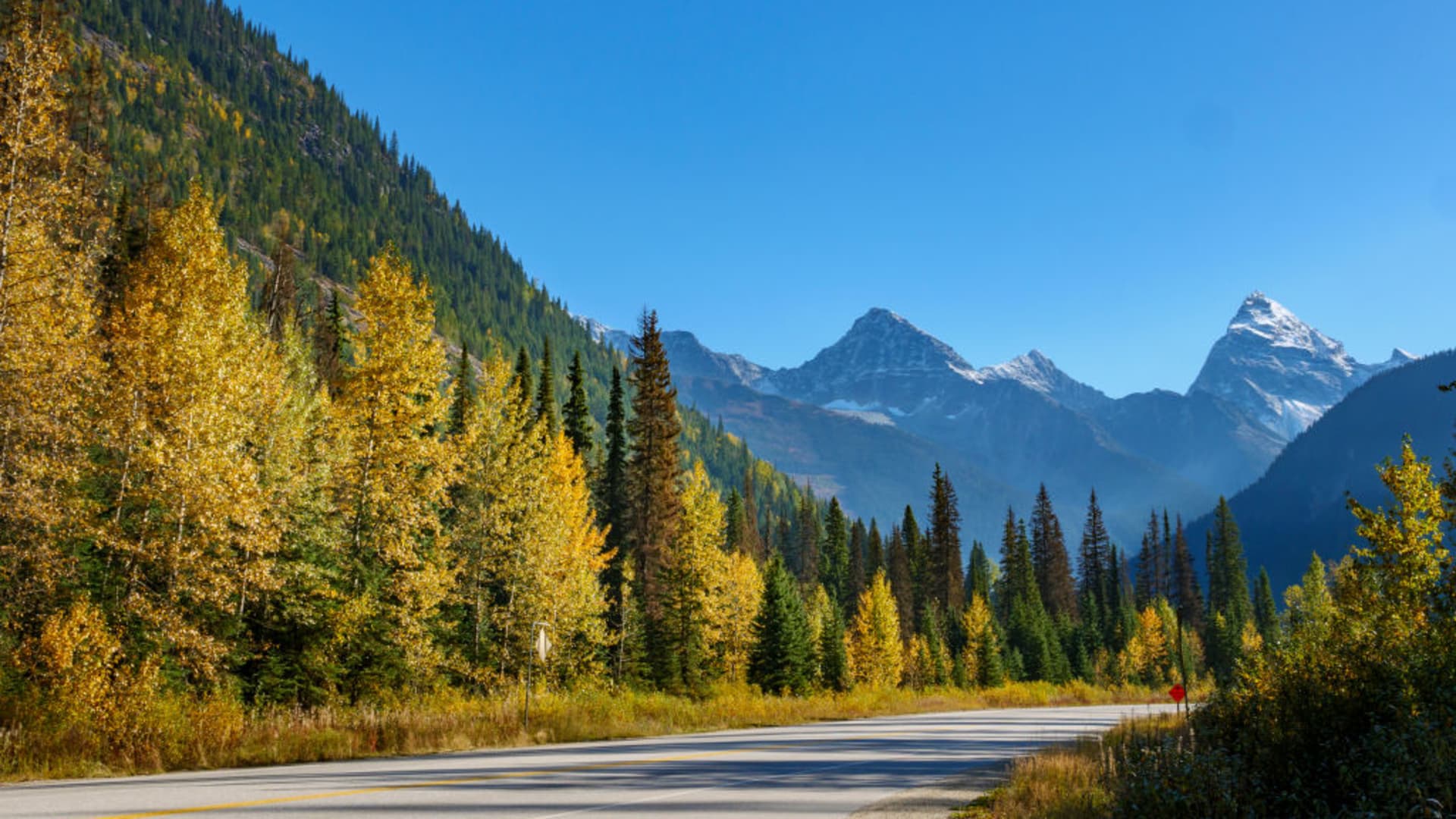 Fall colors along the Trans-Canada Highway near Golden in British Columbia, Canada.