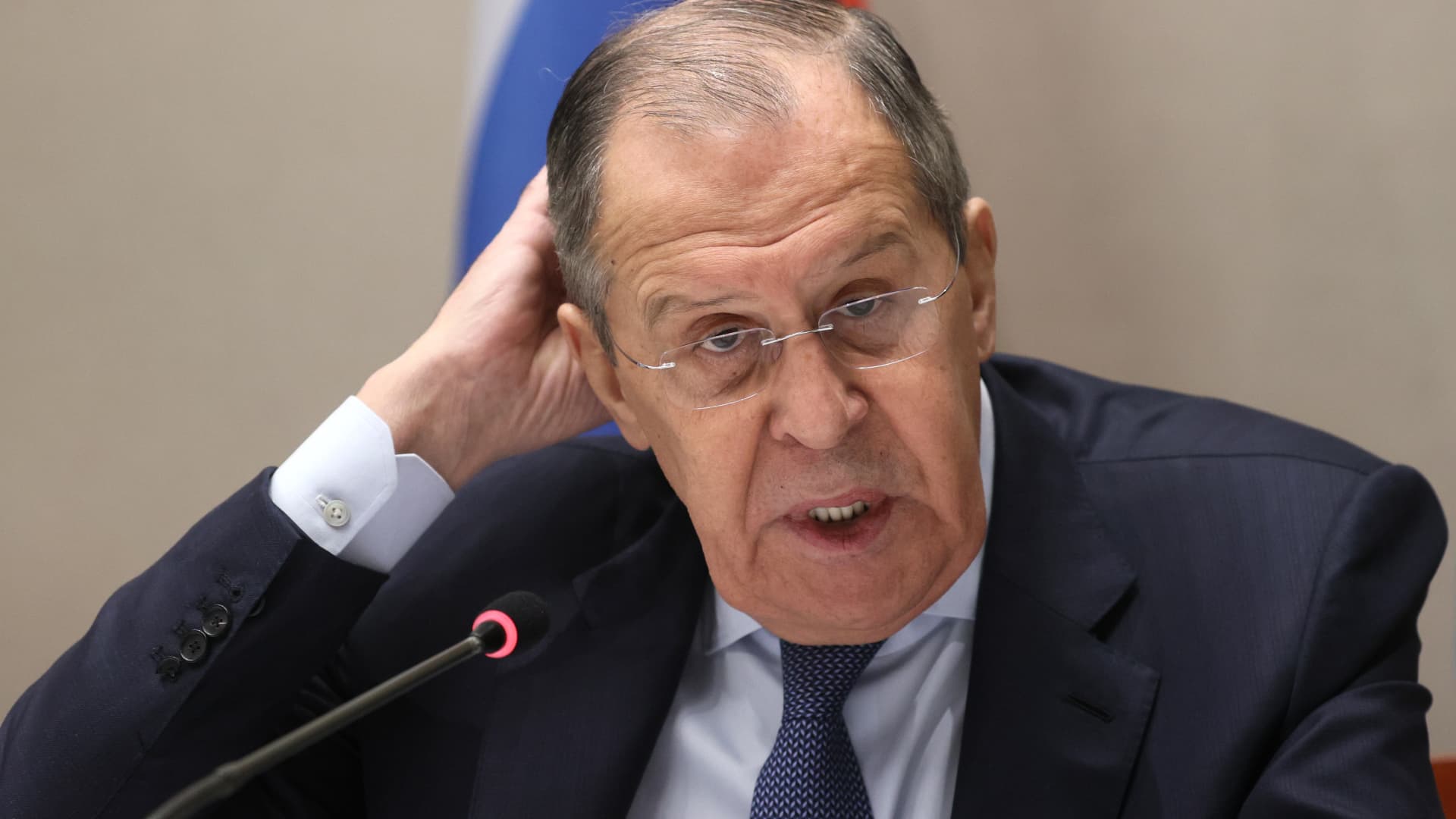 Russia's Foreign Minister Sergei Lavrov attends a press conference following security talks with US Secretary of State Antony Blinken at the Hotel President Wilson.