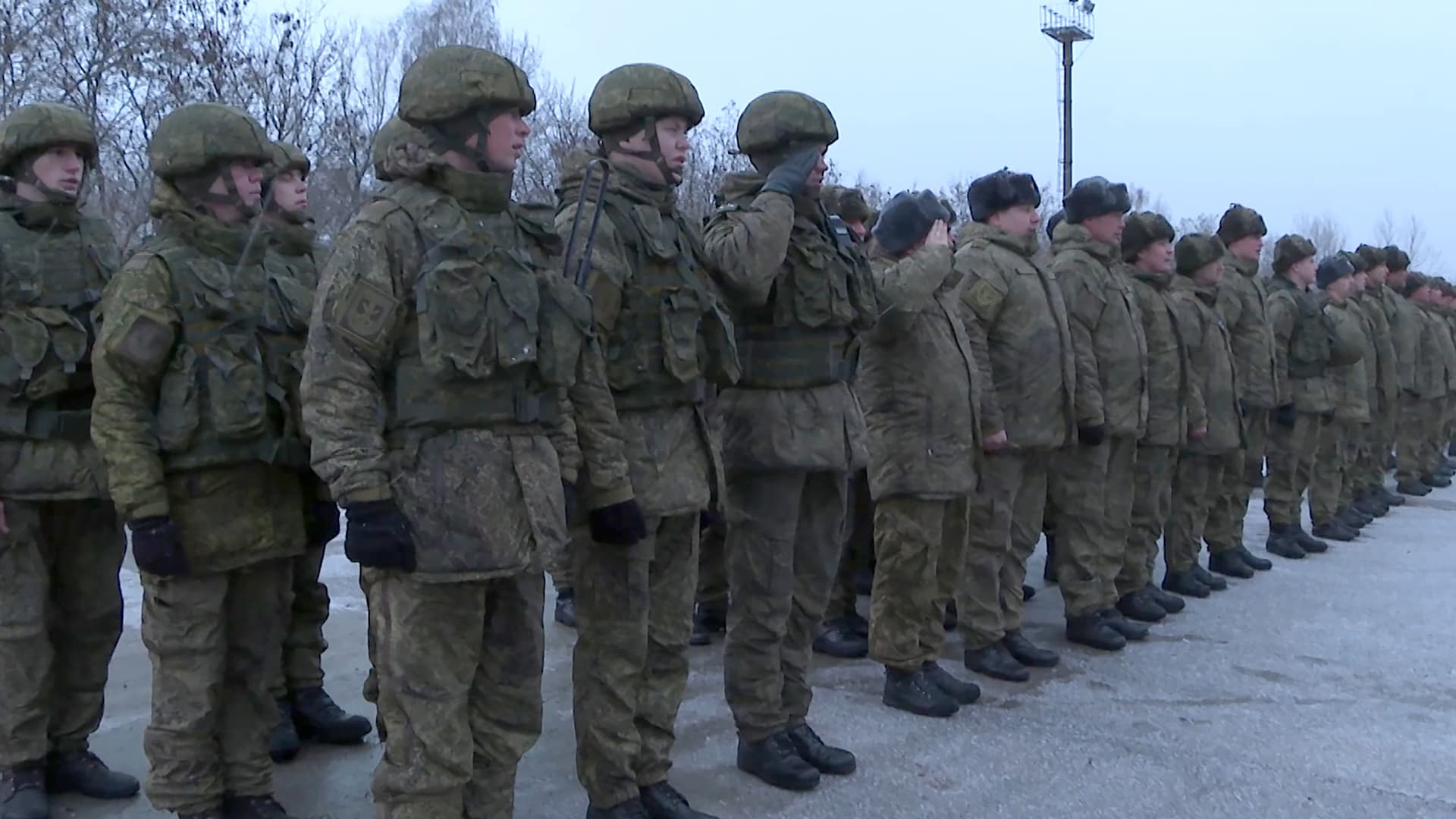 Servicemen of Russia's Eastern Military District units line up for a welcoming ceremony as they arrive at unfamiliar training ranges in Belarus combining their own means of transport with travelling by train, to take part in a joint military exercise held by the Union State of Russia and Belarus and aiming to simulate repelling an external attack on its border, cutting possible supply lines for invaders as well as detecting, containing and eliminating their combat and subversive units.