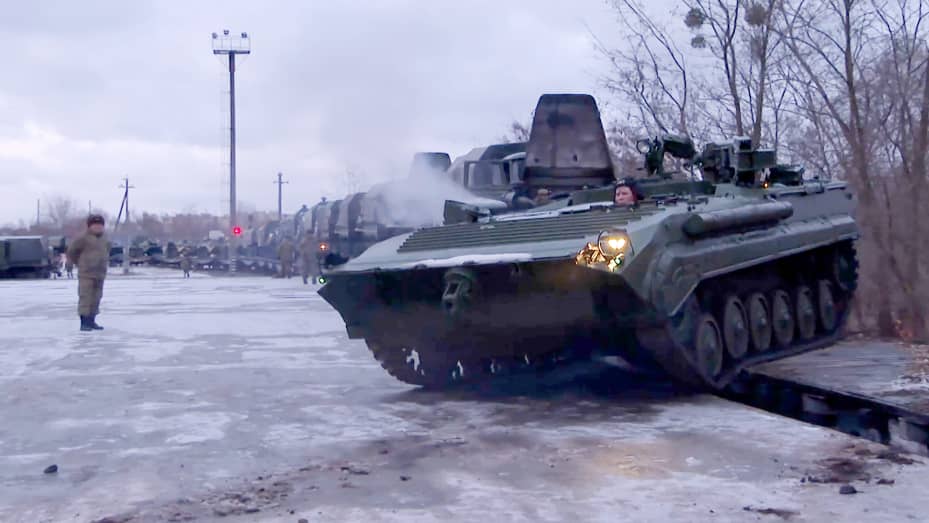 Servicemen of Russia's Eastern Military District units attend a welcoming ceremony as they arrive at unfamiliar training ranges in Belarus combining their own means of transport with travelling by train, to take part in a joint military exercise held by t