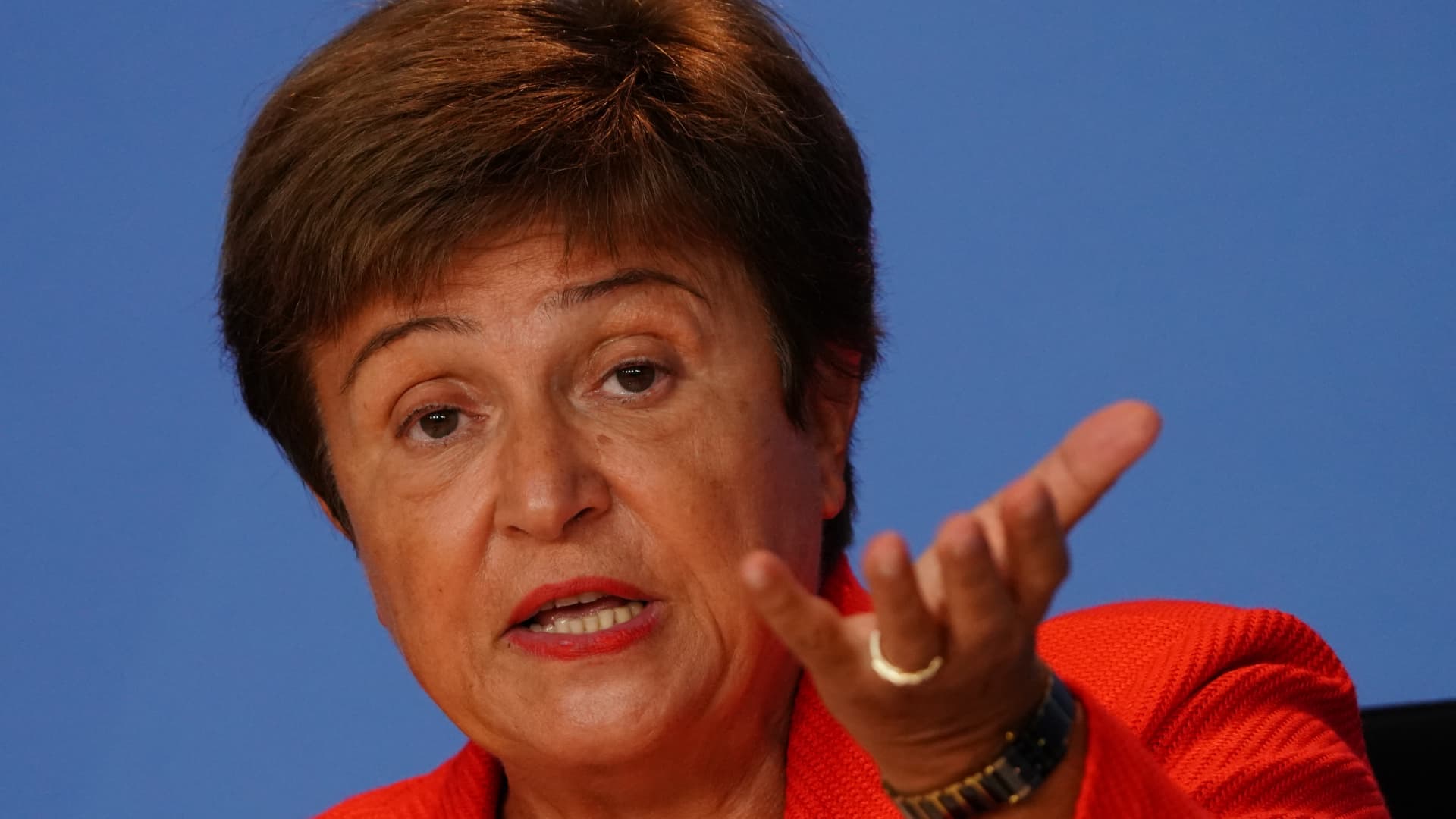 Managing Director of the International Monetary Fund (IMF) Kristalina Georgieva speaks during a press conference as she meets with economic and financial organizations in Berlin at the German chancellery on August 26, 2021 in Berlin, Germany.