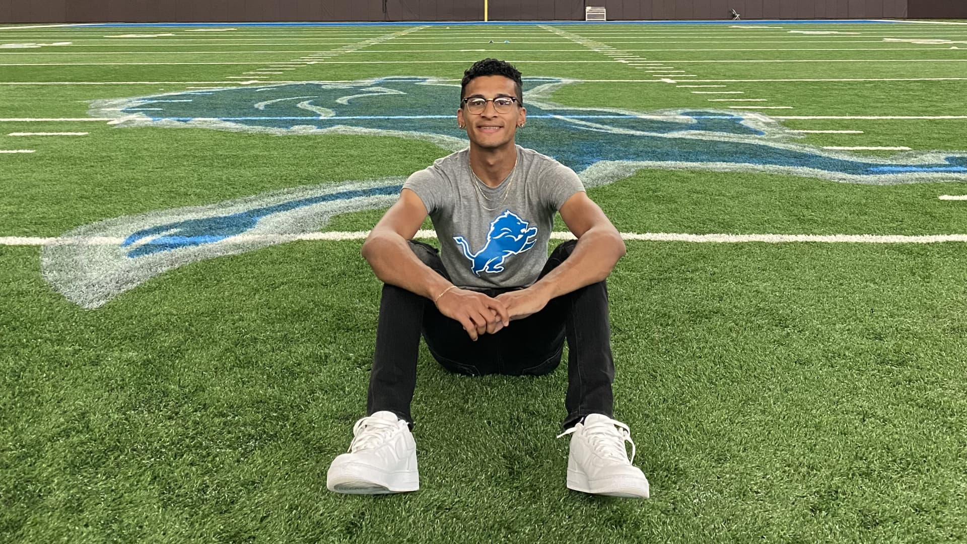 Sadiq attended the Lions' Ford Field last July to create a mosaic for the NFL club.