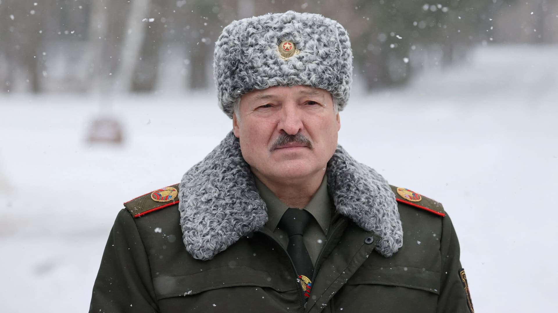 Belarusian President Alexander Lukashenko looks on as he inspects military facilities outside Luninets, Belarus January 21, 2022.