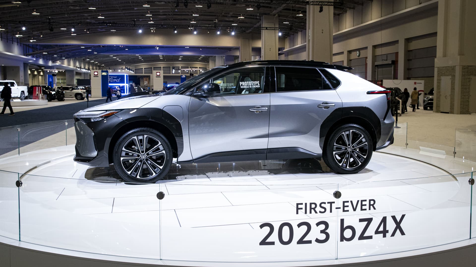A 2023 Toyota bZ4X electric vehicle (EV) during the Washington Auto Show in Washington, D.C., on Friday, Jan. 21, 2022.