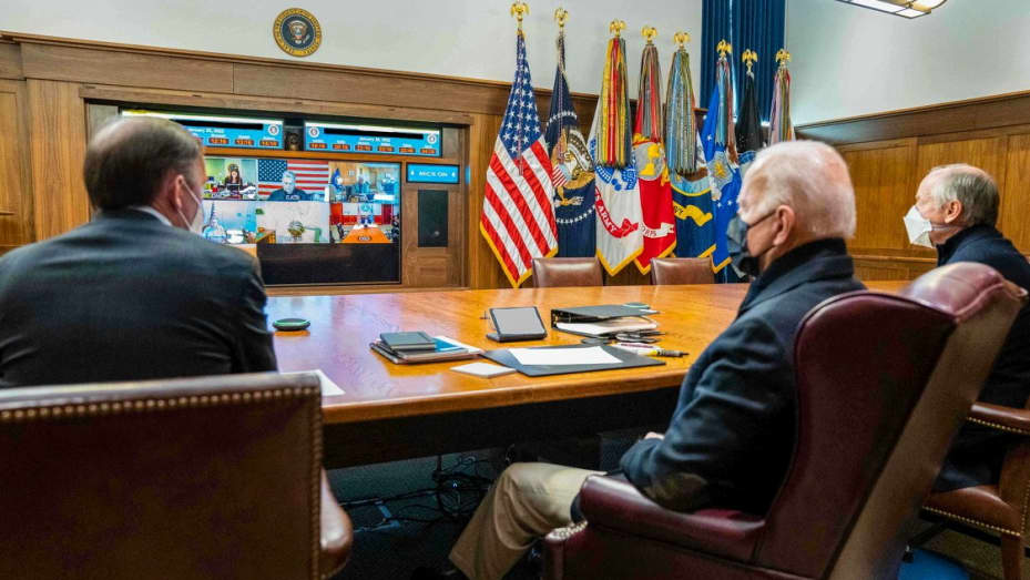 U.S. President Joe Biden holds a meeting with his national security team on the Russia-Ukraine crisis, at Camp David, in Maryland, U.S. January 22, 2022.