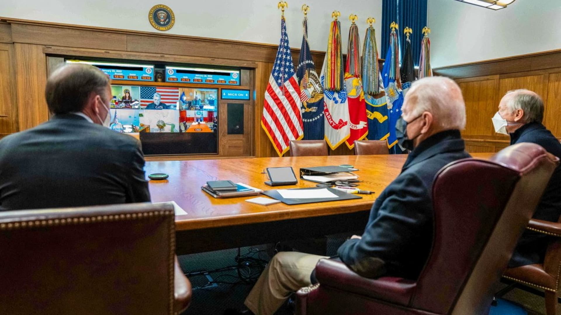 U.S. President Joe Biden holds a meeting with his national security team on the Russia-Ukraine crisis, at Camp David, in Maryland, U.S. January 22, 2022.
