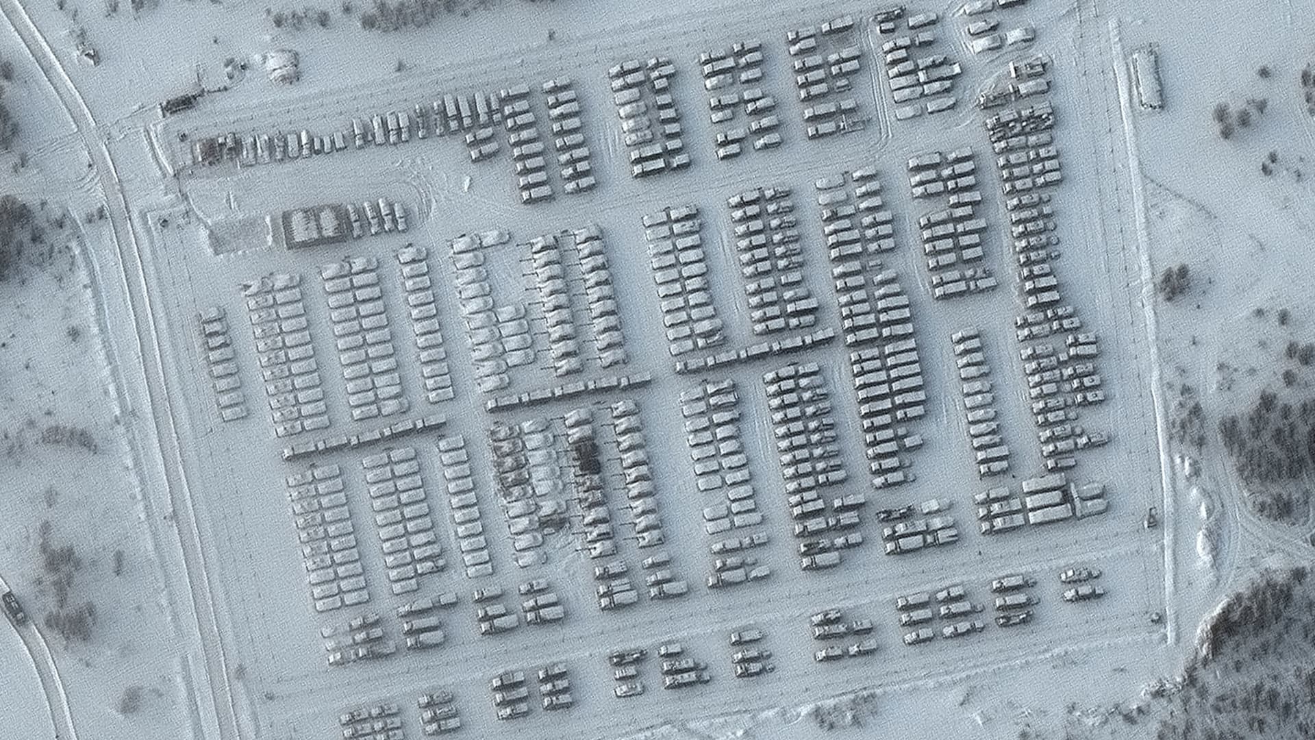A satellite image shows Russian battle groups and vehicles parked in Yelnya, Russia January 19, 2022.