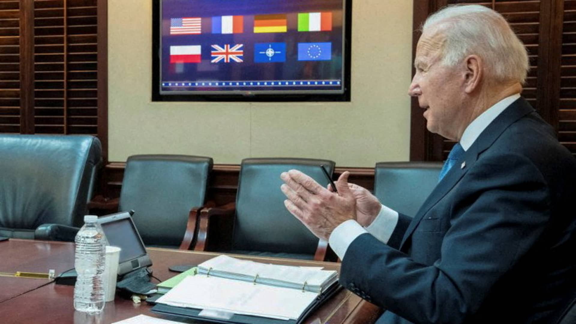 U.S. President Joe Biden is seen in a White House handout photo as he speaks with European leaders about Russia and the situation in Ukraine during a secure video teleconference from the Situation Room of the White House in Washington, January 24, 2022.