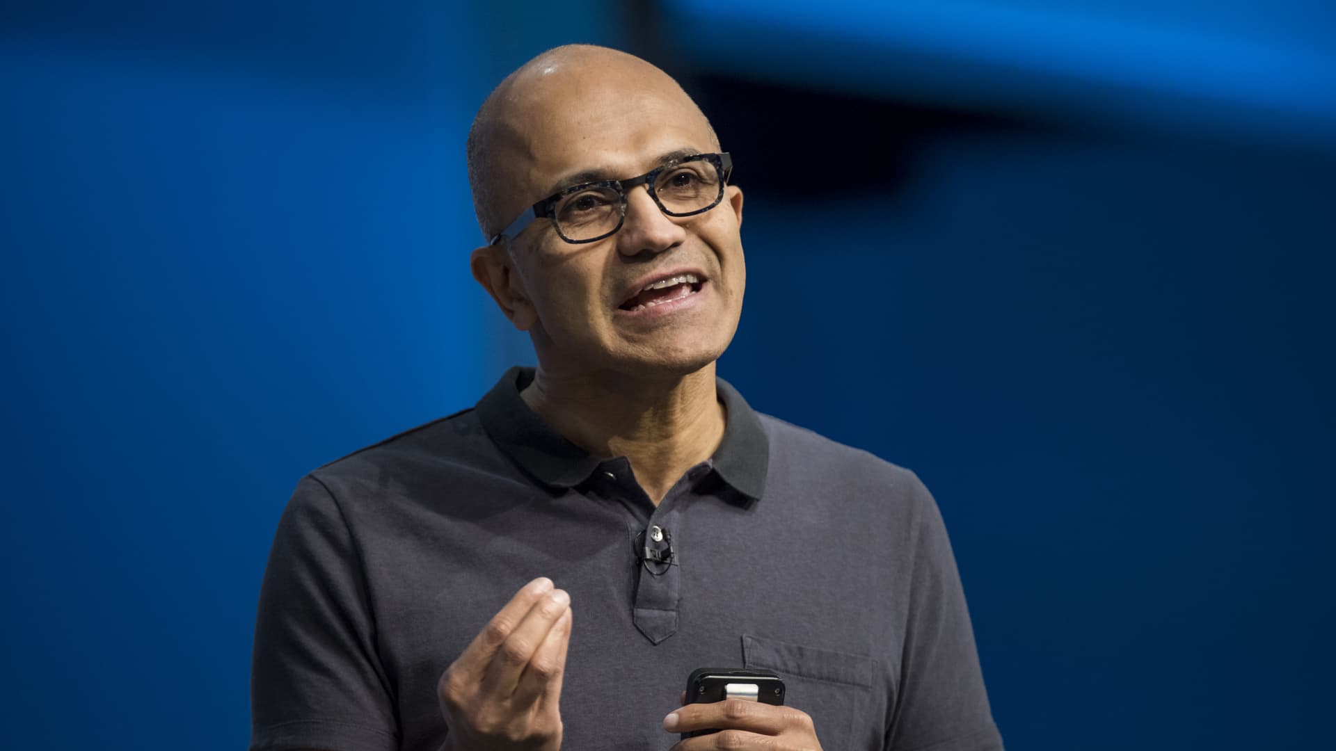 Satya Nadella, chief executive officer of Microsoft Corp., speaks at Microsoft's Build developer conference in San Francisco on March 30, 2016.