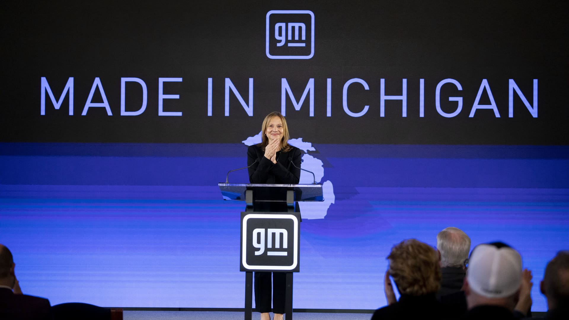 General Motors CEO Mary Barra announces a $7 billion investment, the largest in the company's history, in electric vehicle and battery production in Michigan on January 25, 2022 in Lansing, Michigan.
