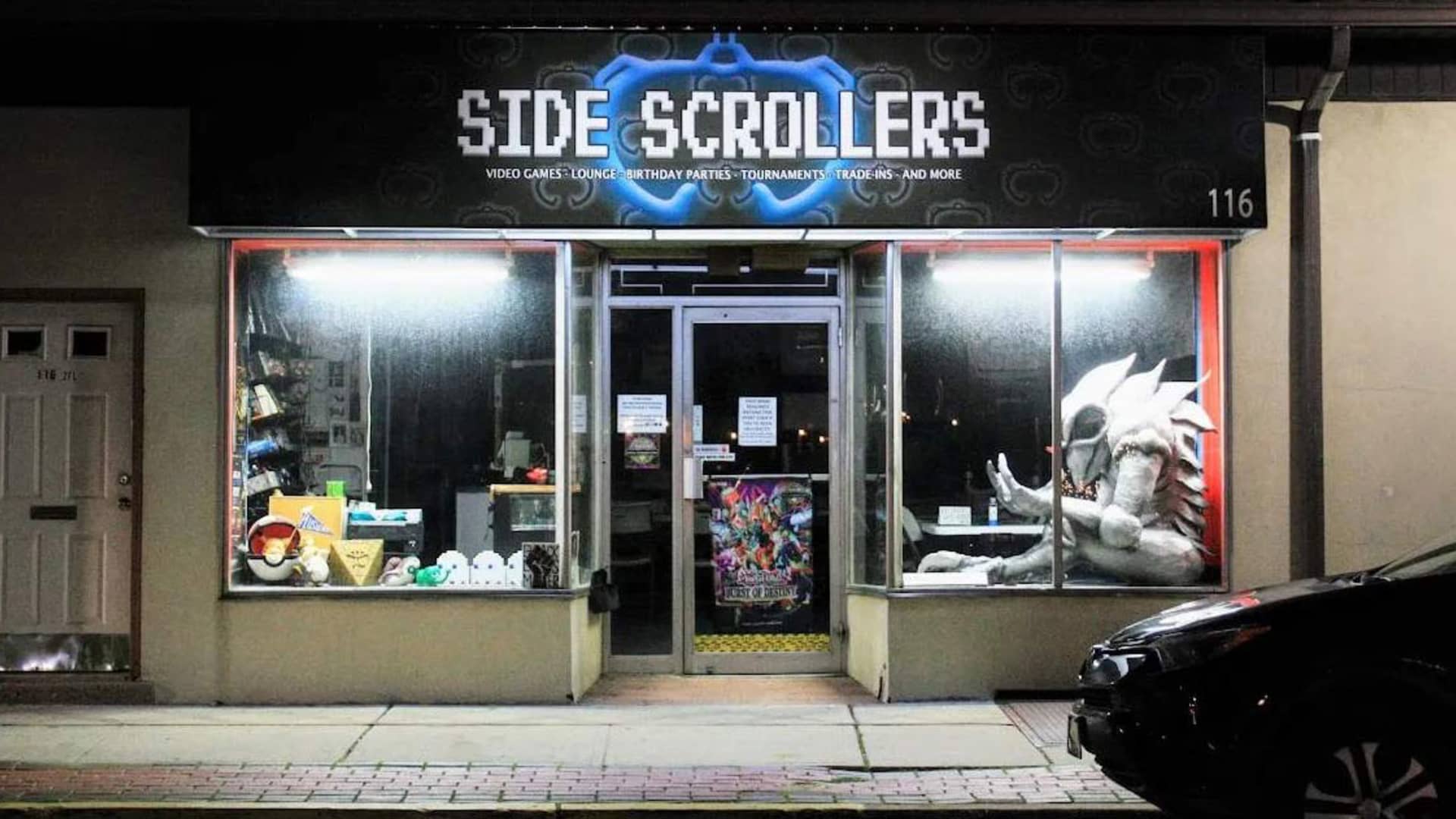 The storefront of video game shop and lounge Side Scrollers in East Rutherford, New Jersey.