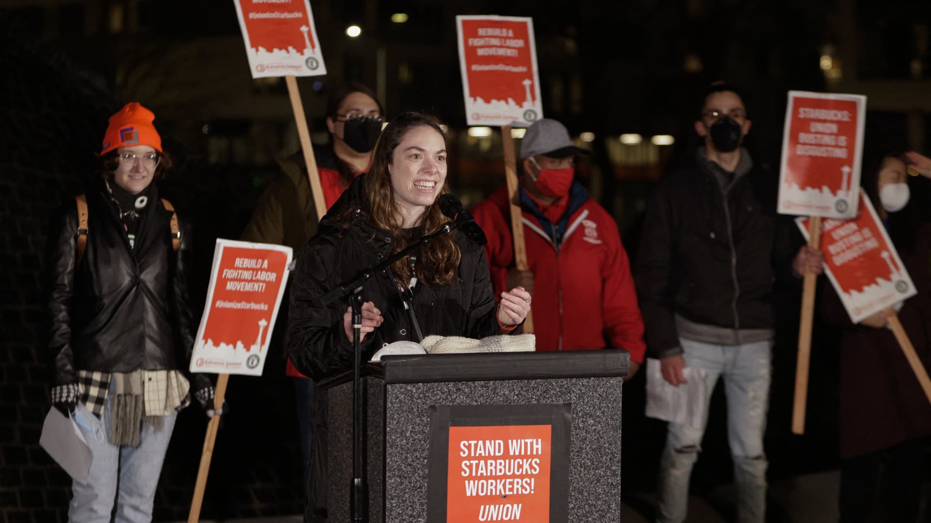 Starbucks barista Casey Moore, part of the organizing committee in Buffalo, New York, speaks in support of workers at Seattle Starbucks locations that announced plans to unionize, during a rally at Cal Anderson Park in Seattle, on Jan. 25, 2022.