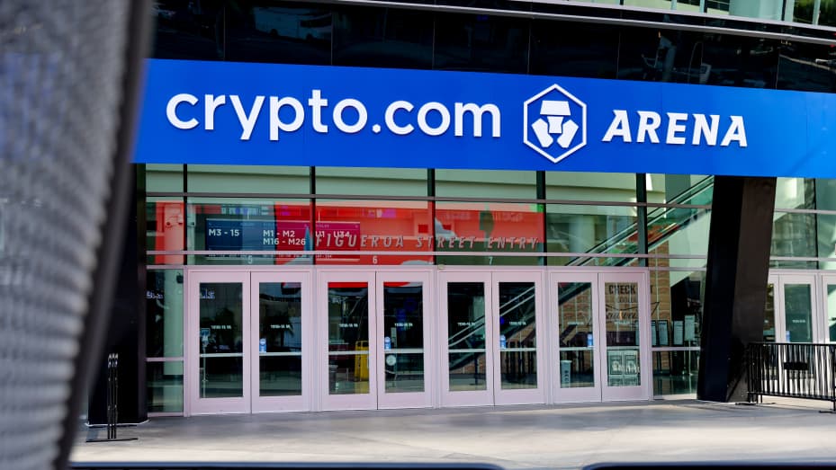 The exterior of Crypto.com Arena on January 26, 2022 in Los Angeles, California.