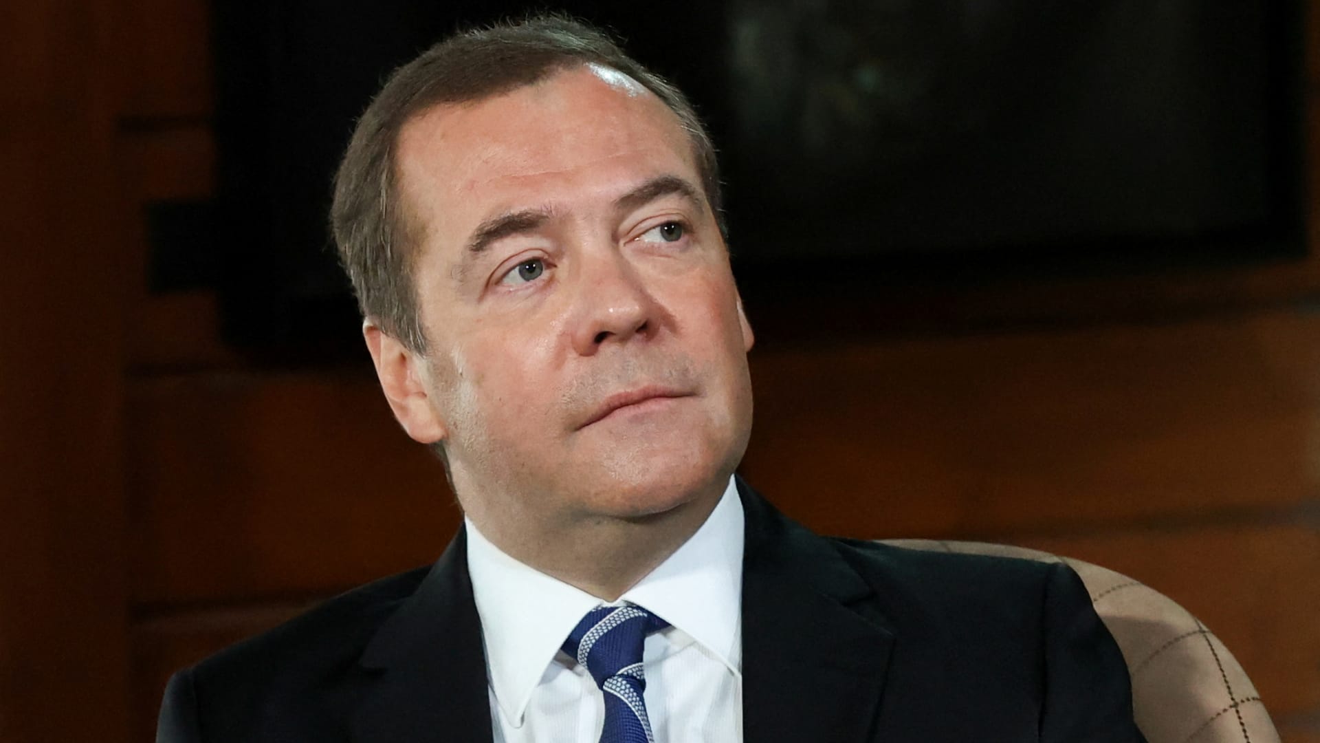 Deputy Chairman of Russia's Security Council Dmitry Medvedev gives an interview at the Gorki state residence outside Moscow, Russia January 25, 2022.