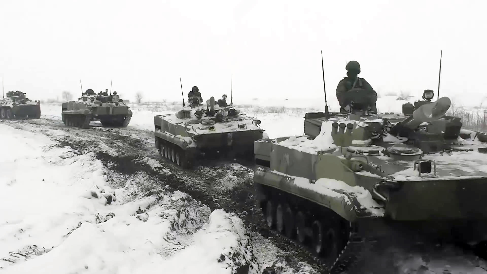 A screen grab captured from a video shows military units of the Southern Military District of Russia are on their way to a training site in the south of the country, for military exercises in Rostov, Russia on January 26, 2022.