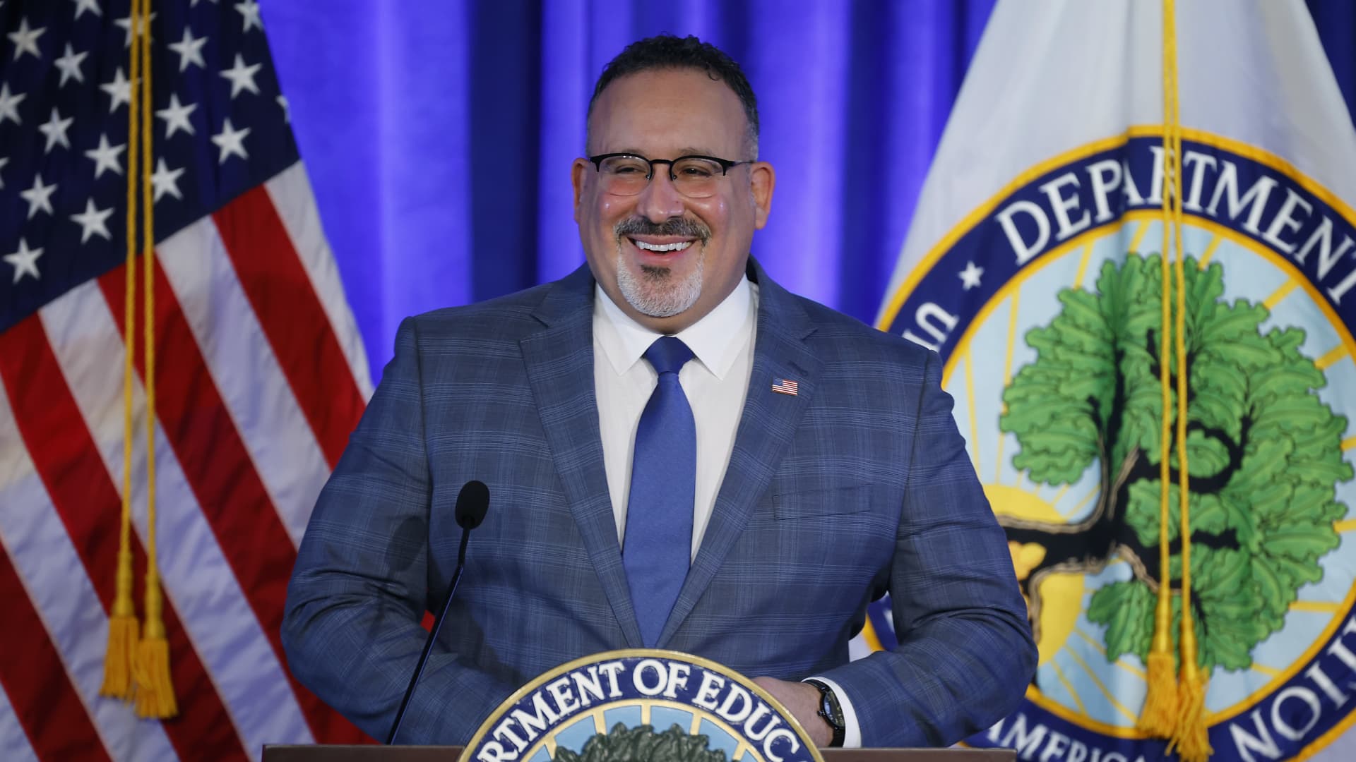 U.S. Education Secretary Miguel Cardona delivers remarks at the department's Lyndon Baines Johnson Building in Washington, D.C., on Jan. 27, 2022.