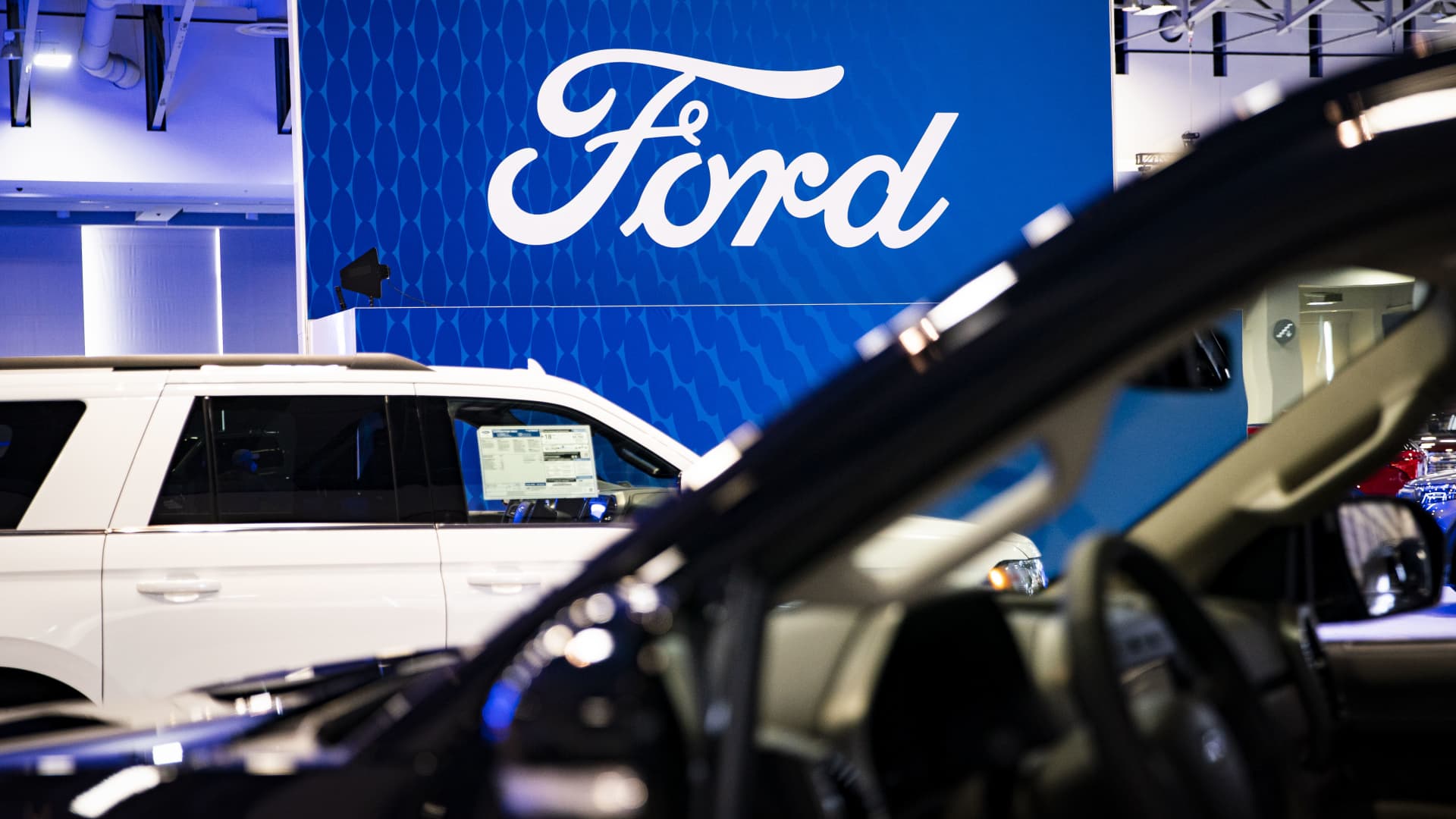 Ford Motor Co. signage at the Washington Auto Show in Washington, D.C., Jan. 21, 2022.