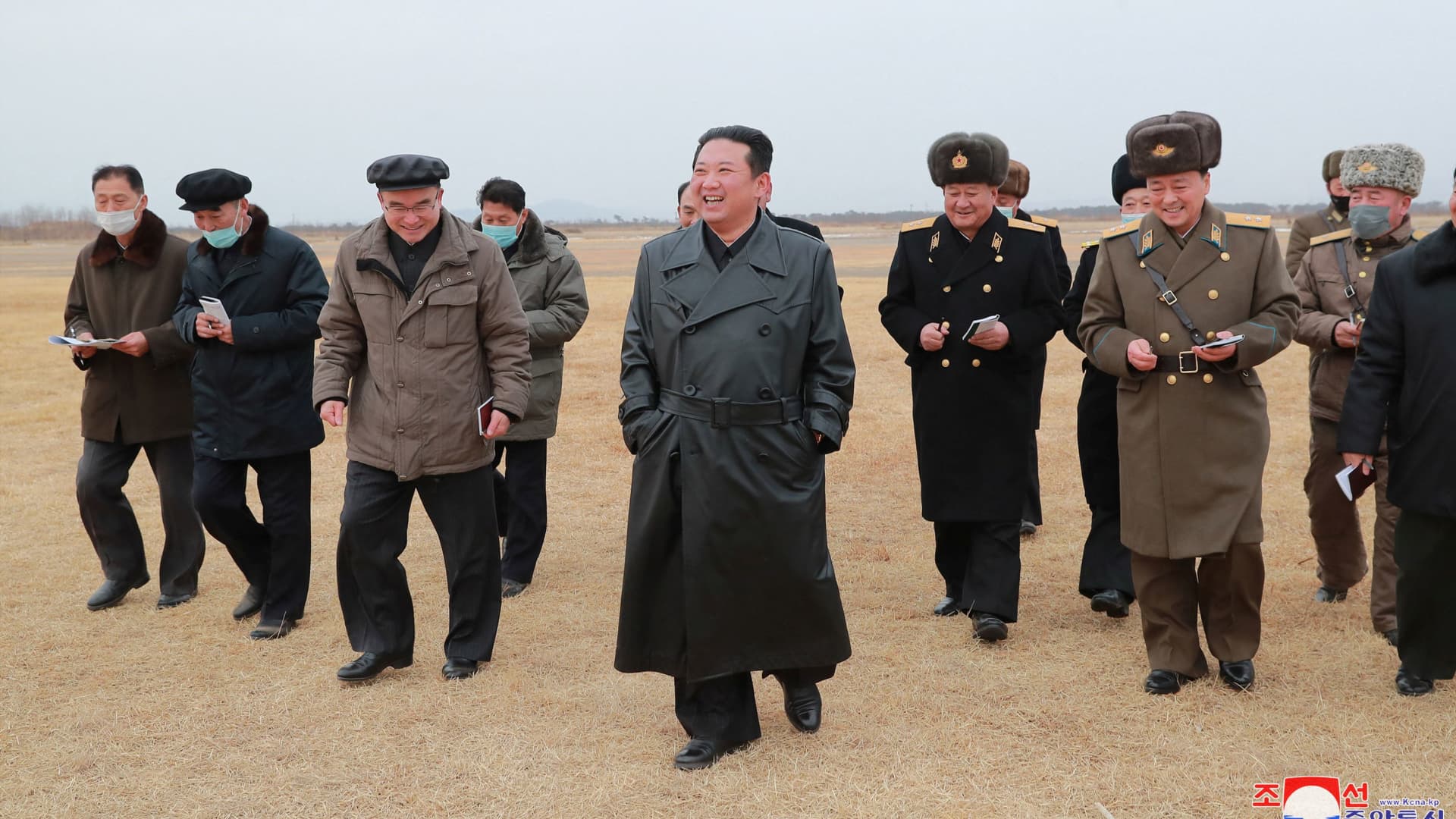 North Korean leader Kim Jong Un inspects the proposed building site for the Ryonpho Vegetable Greenhouse Farm in the Ryonpho area of Hamju County, North Korea, in this undated photo released January 28, 2022 by North Korea's Korean Central News Agency (KCNA).