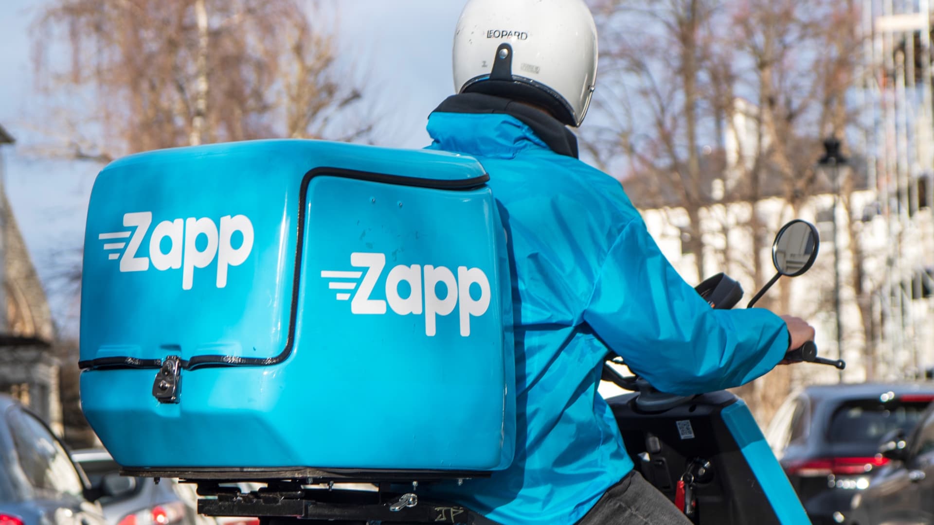 A courier for U.K.-based rapid grocery delivery service Zapp.