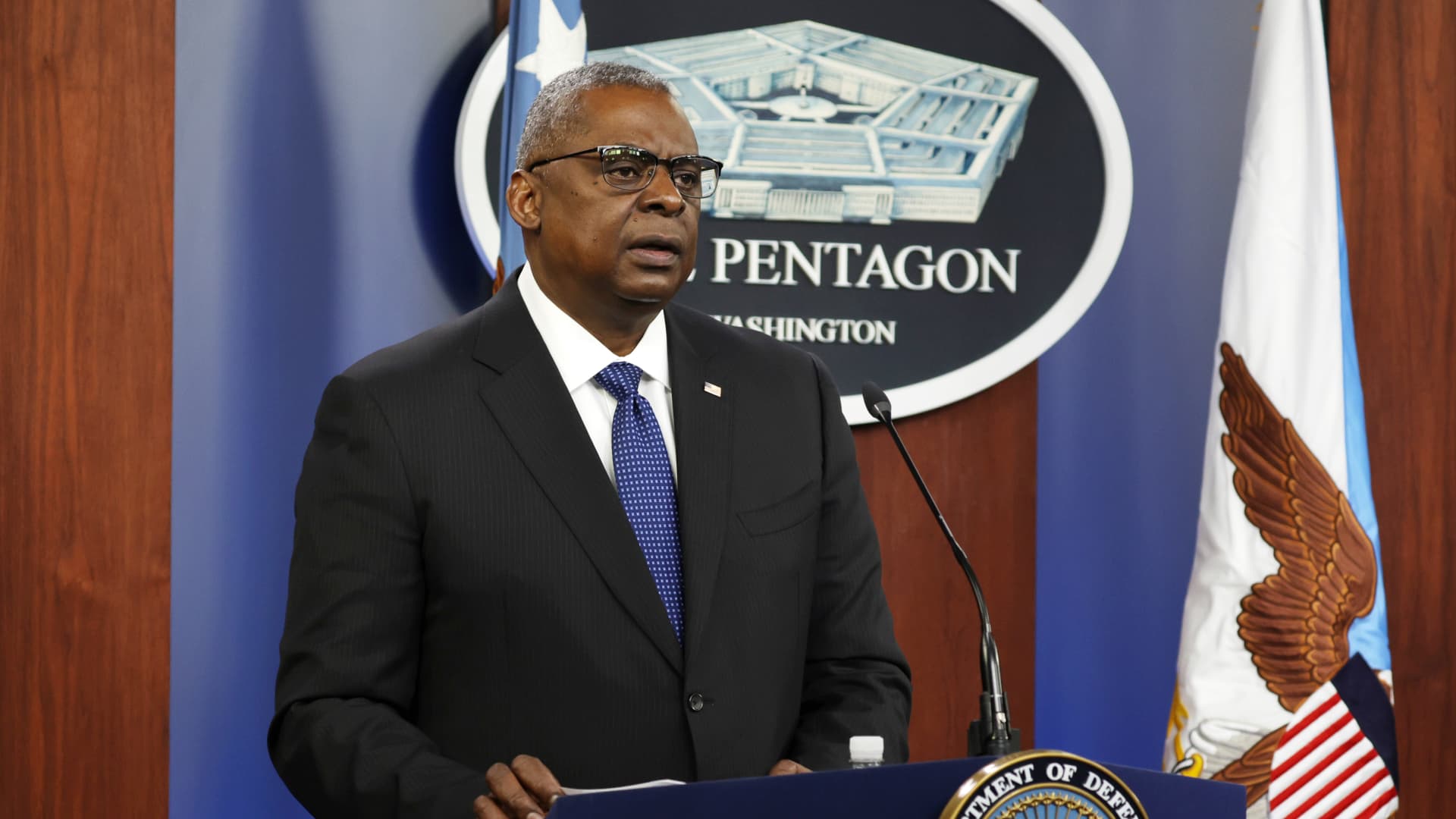 U.S. Secretary of Defense Lloyd Austin speaks during a news briefing at the Pentagon on January 28, 2022 in Arlington, Virginia.
