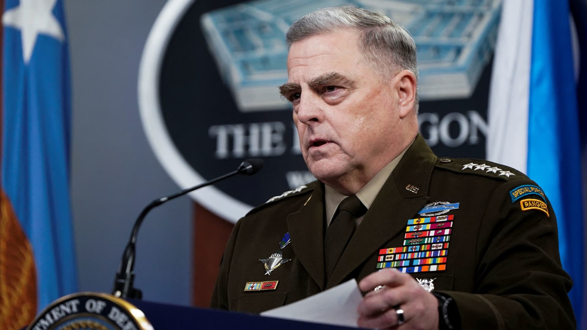 General Mark Milley, Chairman of the U.S. Joint Chiefs of Staff, answers questions from reporters about Russia and the crisis in the Ukraine during a news conference at the Pentagon in Washington, U.S., January 28, 2022.