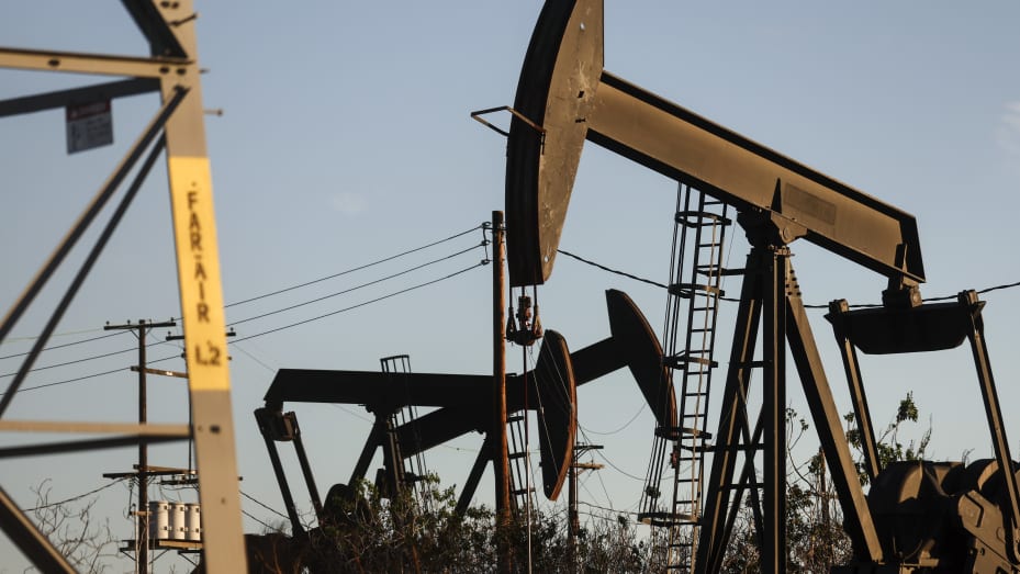 Oil pumpjacks operate in the Inglewood Oil Field on January 28, 2022 in Los Angeles, California.