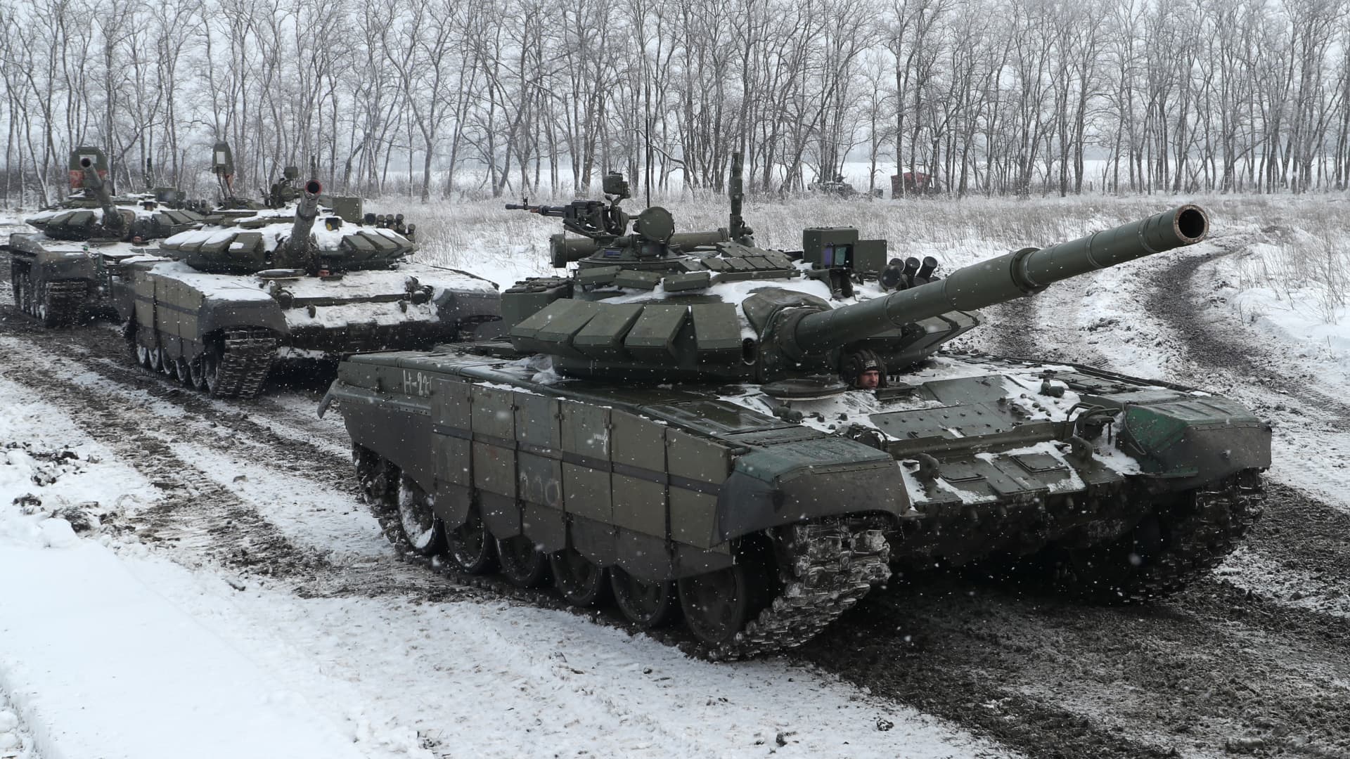 T-72B3 tanks of the Russian Southern Military District's 150th Rifle Division take part in a military exercise.