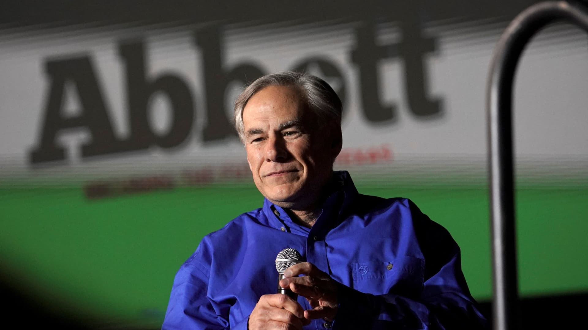Texas Governor Greg Abbott speaks during a rally, in Conroe, Texas, U.S., January 29, 2022.