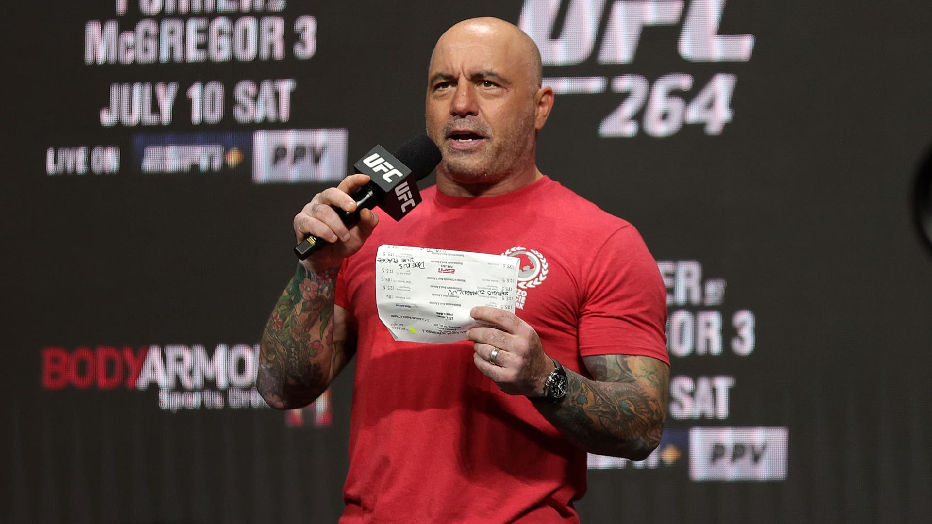 Joe Rogan announces the fighters during a ceremonial weigh in for UFC 264 on Jul. 9, 2021 in Las Vegas, Nevada.