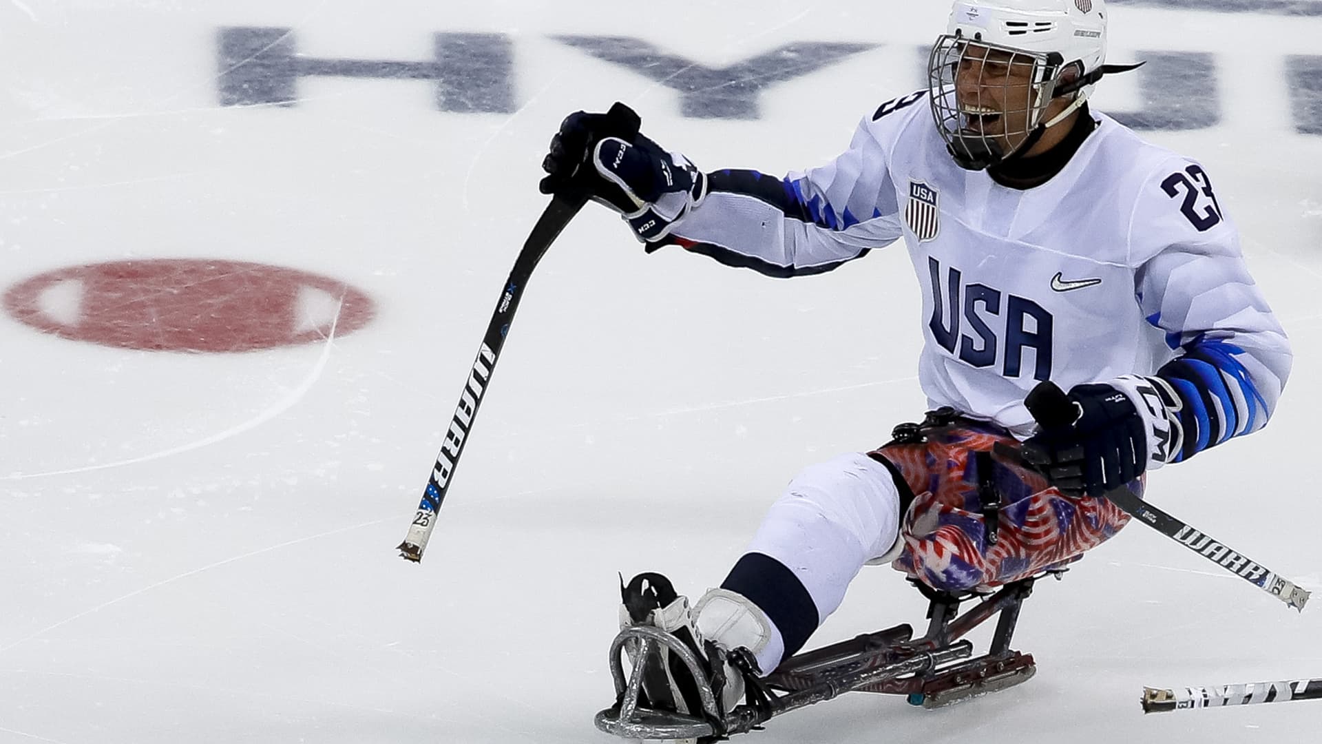 Rico Roman of the United States celebrates winning the gold medal over Canada in the Ice Hockey gold medal game between United States and Canada at the PyeongChang 2018 Paralympic Games.