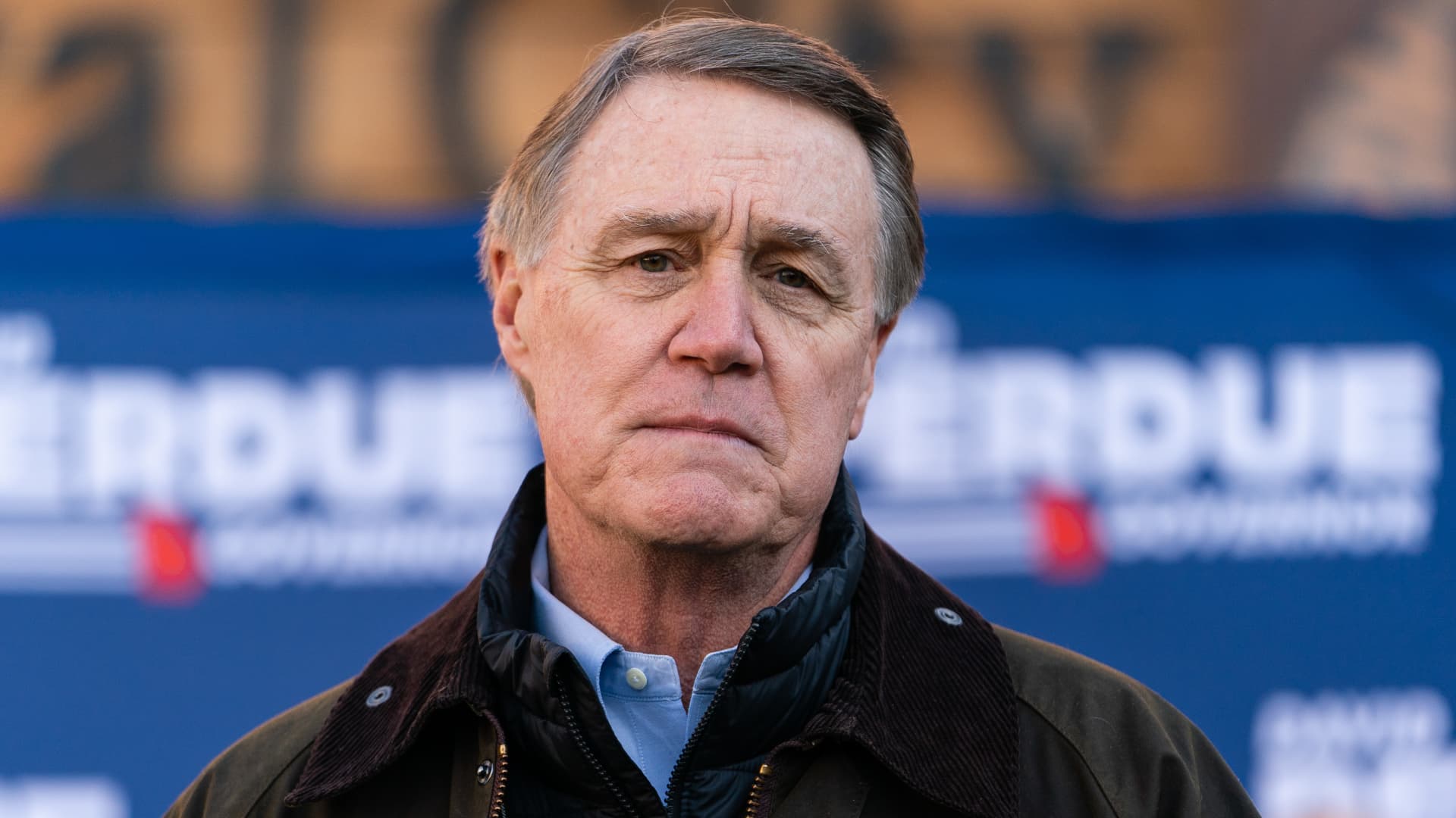 David Perdue, Republican gubernatorial candidate for Georgia, during a news conference ahead of campaign tour in Alpharetta, Georgia, U.S., on Tuesday, Feb. 1, 2022.
