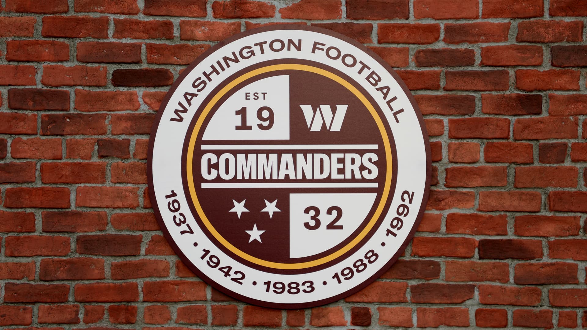 A detailed view of a Washington Commanders logo during the announcement of the Washington Football Team's name change to the Washington Commanders at FedExField on February 02, 2022 in Landover, Maryland.