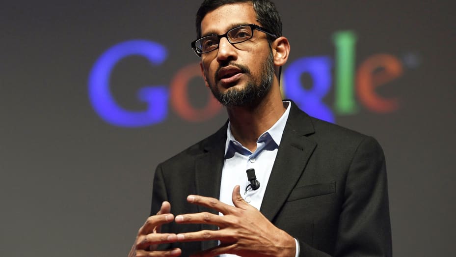 Google's Senior Vice President Sundar Pichai gives a keynote address during the opening day of the 2015 Mobile World Congress (MWC) in Barcelona on March 2, 2015.