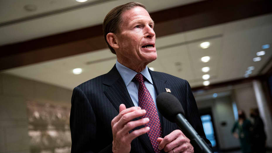 U.S. Senator Richard Blumenthal (D-CT) speaks to reporters during a break from a Senate Armed Services and Foreign Relations joint briefing on the U.S. policy on Afghanistan, on Capitol Hill in Washington, February 2, 2022.