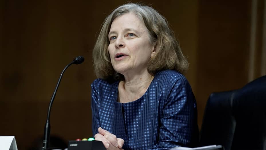 Sarah Bloom Raskin, nominated to be vice chairman for supervision and a member of the Federal Reserve Board of Governors, speaks before a Senate Banking, Housing and Urban Affairs Committee confirmation hearing on Capitol Hill in Washington, D.C., U.S., F