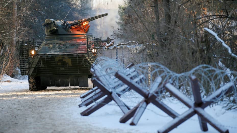 An armored personnel carrier is seen during tactical exercises, which are conducted by the Ukrainian National Guard, Armed Forces, special operations units and simulate a crisis situation in an urban settlement, in the abandoned city of Pripyat near the C