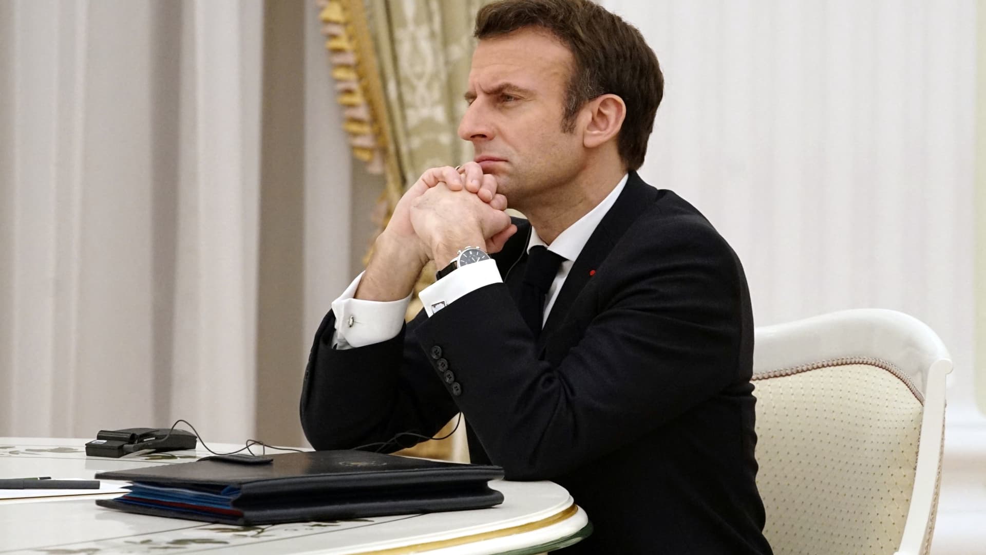 French President Emmanuel Macron attends a meeting with Russian President Vladimir Putin in Moscow, Russia February 7, 2022.