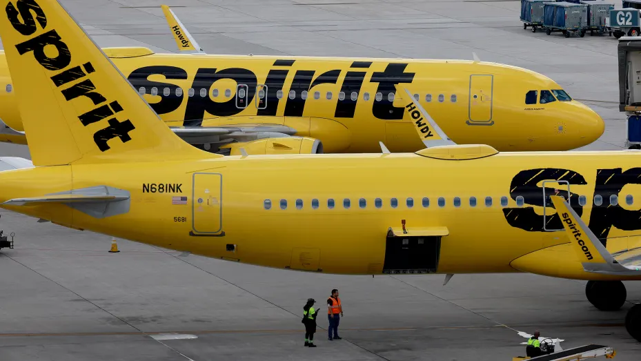 Spirit Airlines planes on the tarmac at the Fort Lauderdale-Hollywood International Airport on February 07, 2022 in Fort Lauderdale, Florida.
