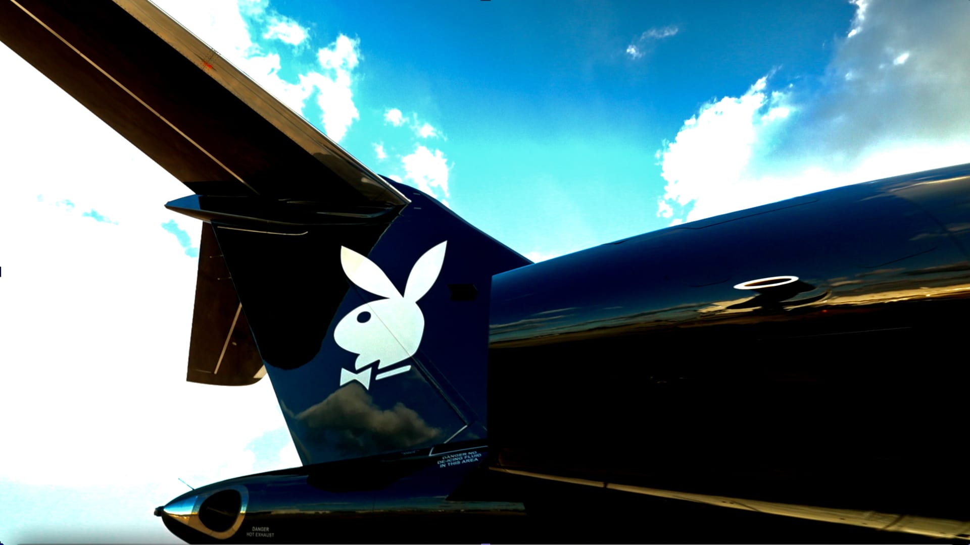 The new Playboy jet's tail wing emblazoned with the famous bunny logo.
