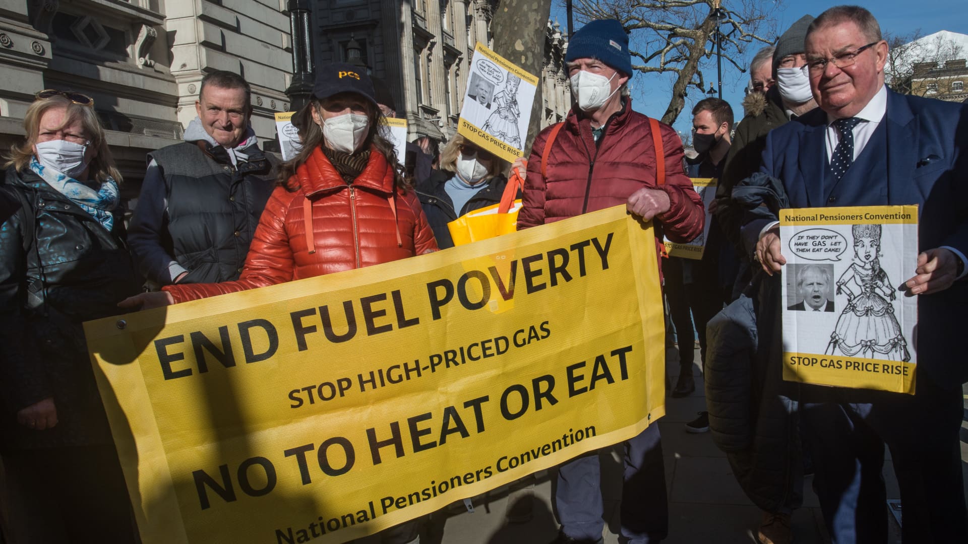 Pensioners protest over rising fuel prices at a demonstration outside Downing street called by The National Pensioners Convention and Fuel Poverty Action on February 7, 2022 in London, England.
