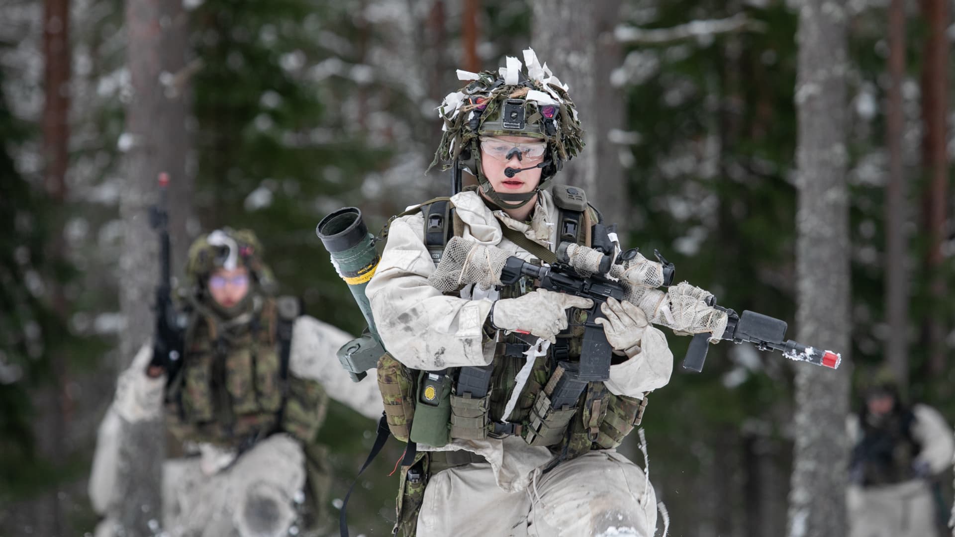 Members of Estonian army during military training together with United Kingdom soldiers at Central Training Area on February 8, 2022 in Lasna, Estonia.