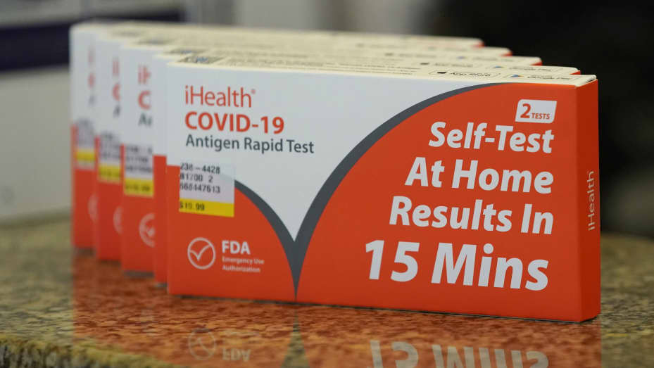 New government-issued COVID-19 Antigen Rapid test kits sit on the counter for sale at Rock Canyon Pharmacy on February 8, 2022 in Provo, Utah.