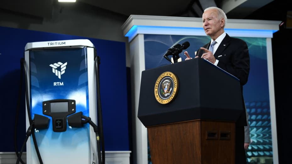 US President Joe Biden, speaks about rebuilding manufacturing on February 8, 2022, from the South Court Auditorium in Eisenhower Executive Office Building, in Washington, DC. (Photo by Brendan Smialowski / AFP) (Photo by BRENDAN SMIALOWSKI/AFP via Getty Images)
