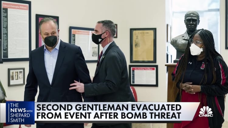Second Gentleman Douglas Emhoff hurried out of event after bomb threat