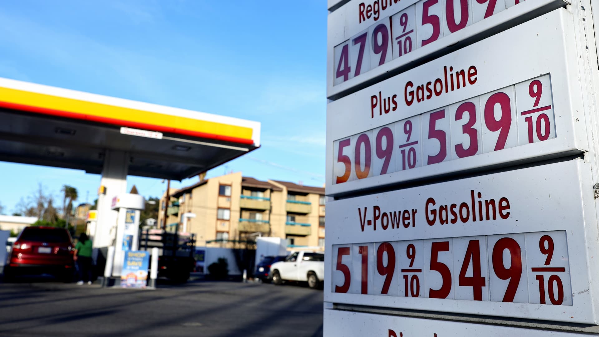 Gasoline prices are displayed at a Los Angeles gas station on Feb. 8, 2022.